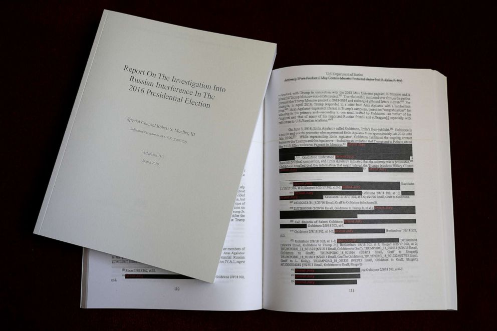 PHOTO: The recently released redacted version of the Mueller Report is shown April 24, 2019 in Washington.