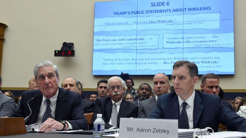 PHOTO: Former Special Counsel Robert Mueller, with former Deputy Special Counsel Aaron Zebley testifies about his report into Russian interference in the election during a House Select Committee on Intelligence hearing, July 24, 2019, July 24, 2019.