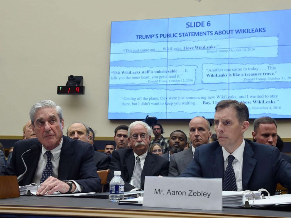PHOTO: Former Special Counsel Robert Mueller, with former Deputy Special Counsel Aaron Zebley testifies about his report into Russian interference in the election during a House Select Committee on Intelligence hearing, July 24, 2019, July 24, 2019.