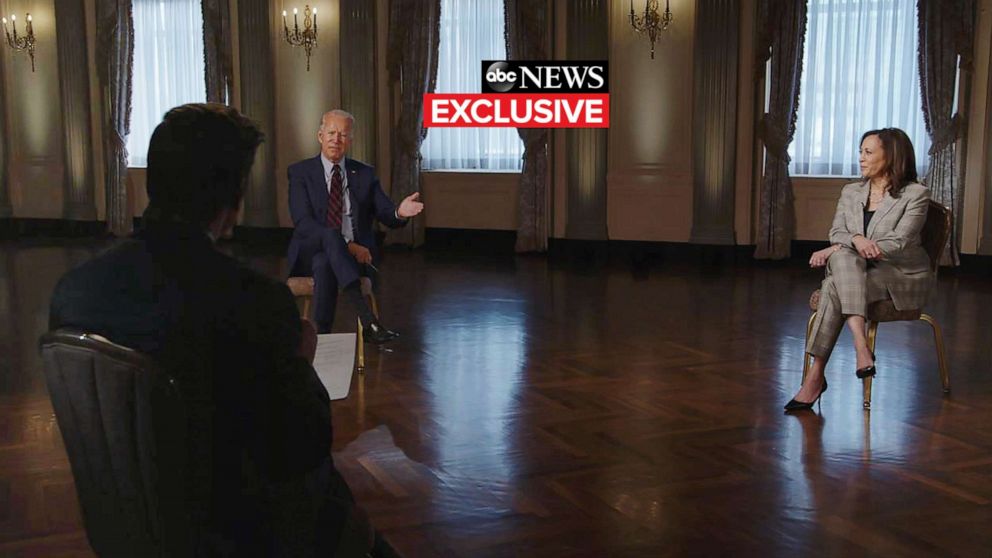 PHOTO: "World News Tonight" anchor David Muir conducts a joint interview with Democratic presidential nominee Joe Biden and his running mate Sen. Kamala Harris, Aug. 21, 2020, in Wilmington, Del.