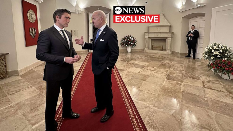 PHOTO: ABC's David Muir spoke to President Joe Biden, Feb. 22, 2023, at the Presidential Palace in Warsaw, Poland, at the conclusion of the president's three-day visit.