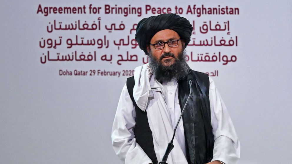 PHOTO: Taliban co-founder Mullah Abdul Ghani Baradar speaks at a signing ceremony of the US-Taliban agreement in Qatar's capital Doha, Feb. 29, 2020.