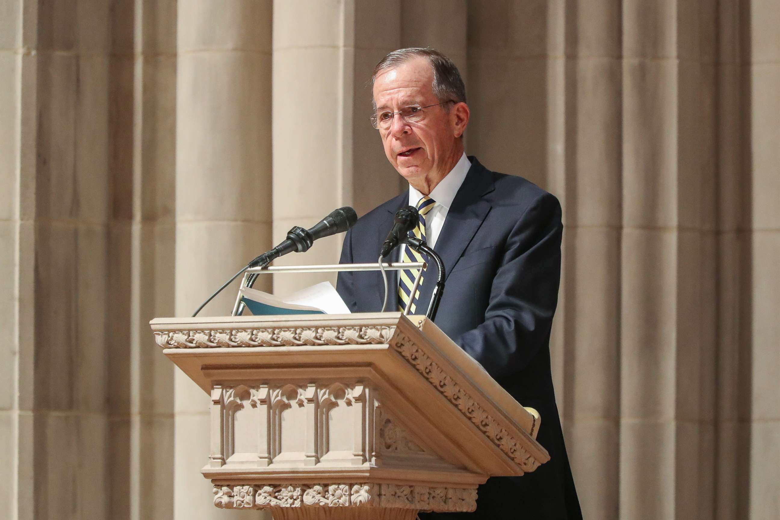 PHOTO: Admiral Michael Mullen, former chairman of the U.S. Joint Chiefs of Staff, speaks during the funeral ceremony of late Senator John Warner at the Washington National Cathedral in Washington, D.C., June 23, 2021.