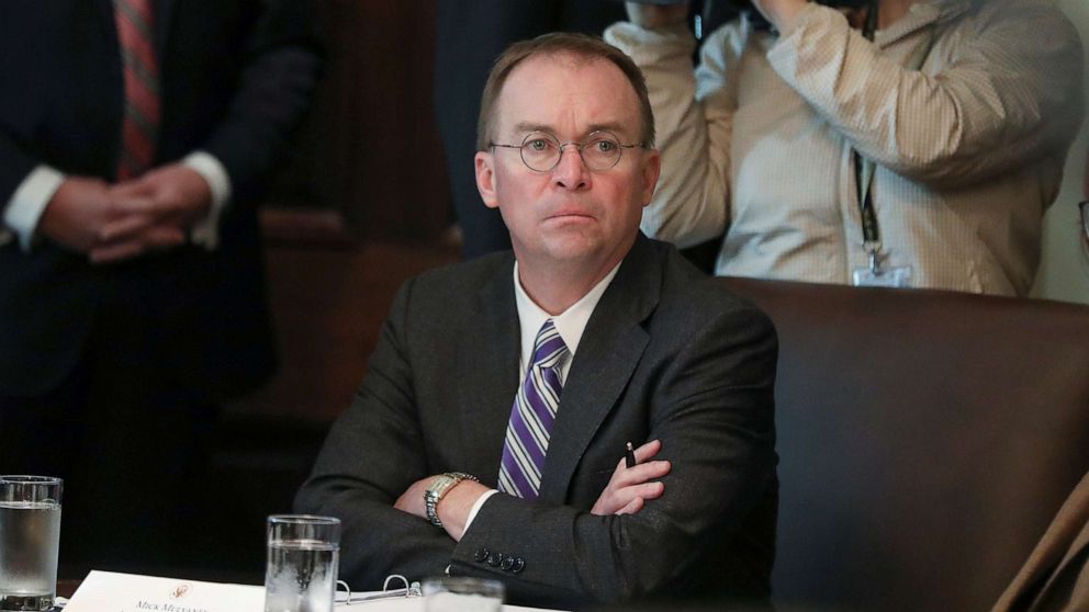 PHOTO:Acting White House Chief of Staff Mick Mulvaney listens during a cabinet meeting held by President Donald Trump at the White House, Oct. 21, 2019. 