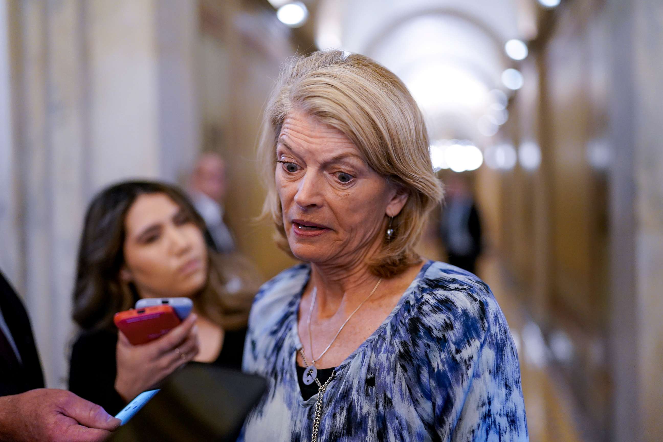 PHOTO: Sen. Lisa Murkowski talks to reporters about her decision to vote to confirm Judge Ketanji Brown Jackson's historic nomination to the Supreme Court, at the Capitol in Washington, D.C., April 4, 2022.