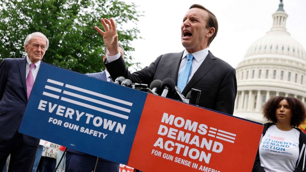 PHOTO: Sen. Chris Murphy addresses a rally with fellow Senate Democrats and gun control advocacy groups outside the U.S. Capitol on May 26, 2022 in Washington, DC.