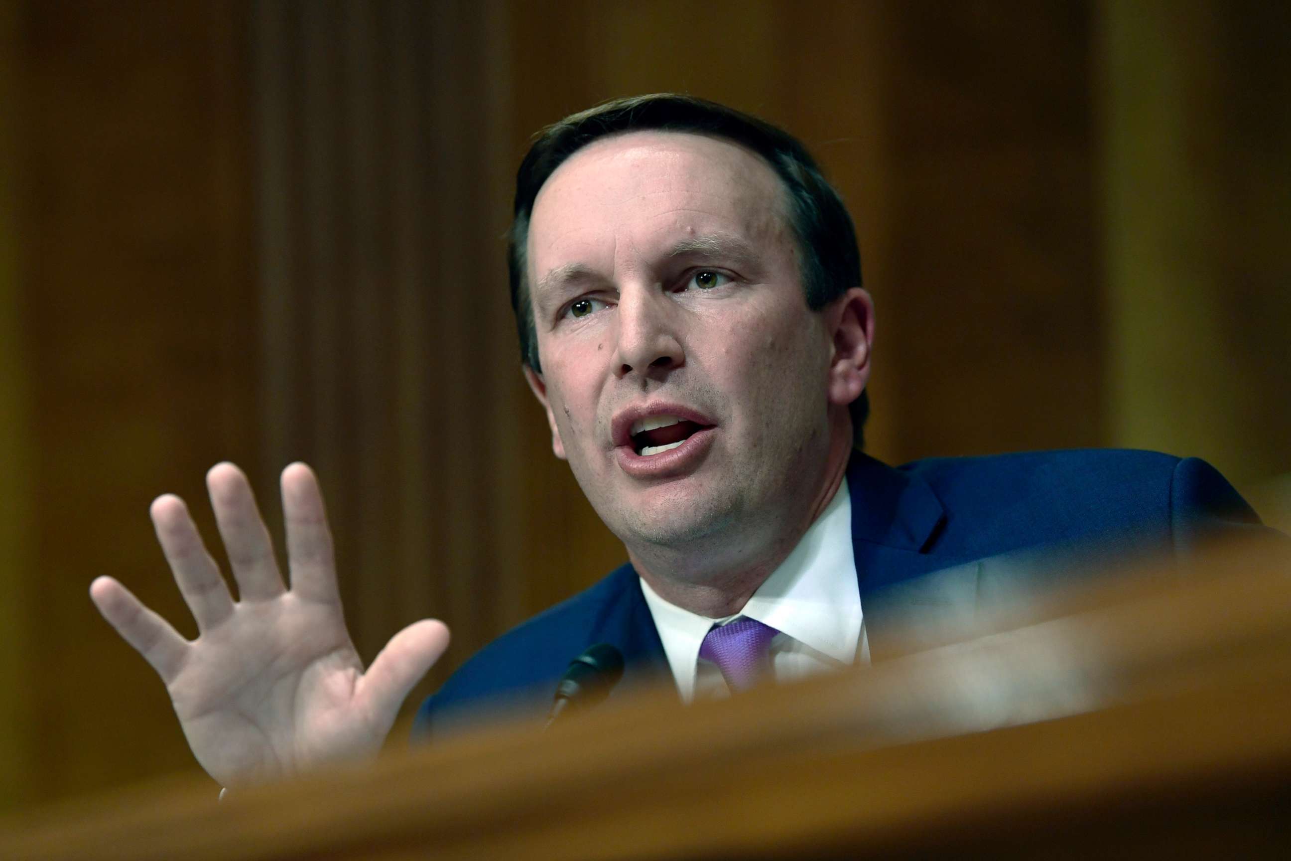 PHOTO: Sen. Christopher Murphy, D-Conn., questions Secretary of State Mike Pompeo as he testifies before the Senate Foreign Relations Committee on Capitol Hill, July 25, 2018.