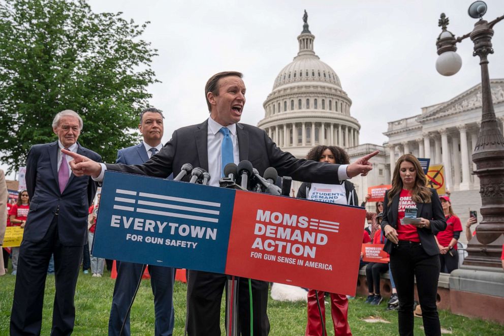 PHOTO: Sen. Chris Murphy, the Senate's staunchest gun control advocate, speaks to activists demanding action on gun control legislation, the wake of the shooting at a Texas elementary school this week, at the Capitol in Washington, D.C., May 26, 2022.