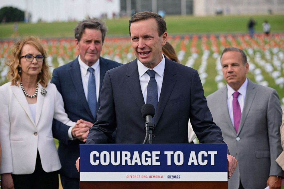 PHOTO: Senator Chris Murphy speaks during the opening of the Gun Violence Memorial on National Mall in Washington, D.C., June 7, 2022. 