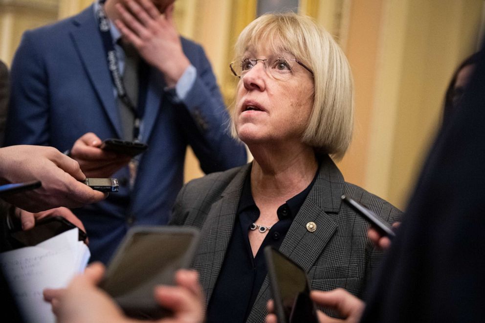 PHOTO: Sen. Patty Murray speaks with reporters after a news conference in the Capitol, March 3, 2020.