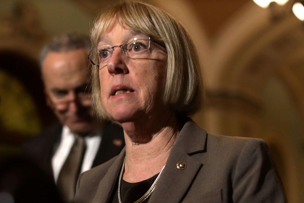 PHOTO: Sen. Patty Murray speaks as Senate Minority Leader Sen. Chuck Schumer (D-NY) listens during a news briefing after the weekly Senate Democratic policy luncheon at the U.S. Capitol Feb. 25, 2020 on Capitol Hill in Washington, DC.