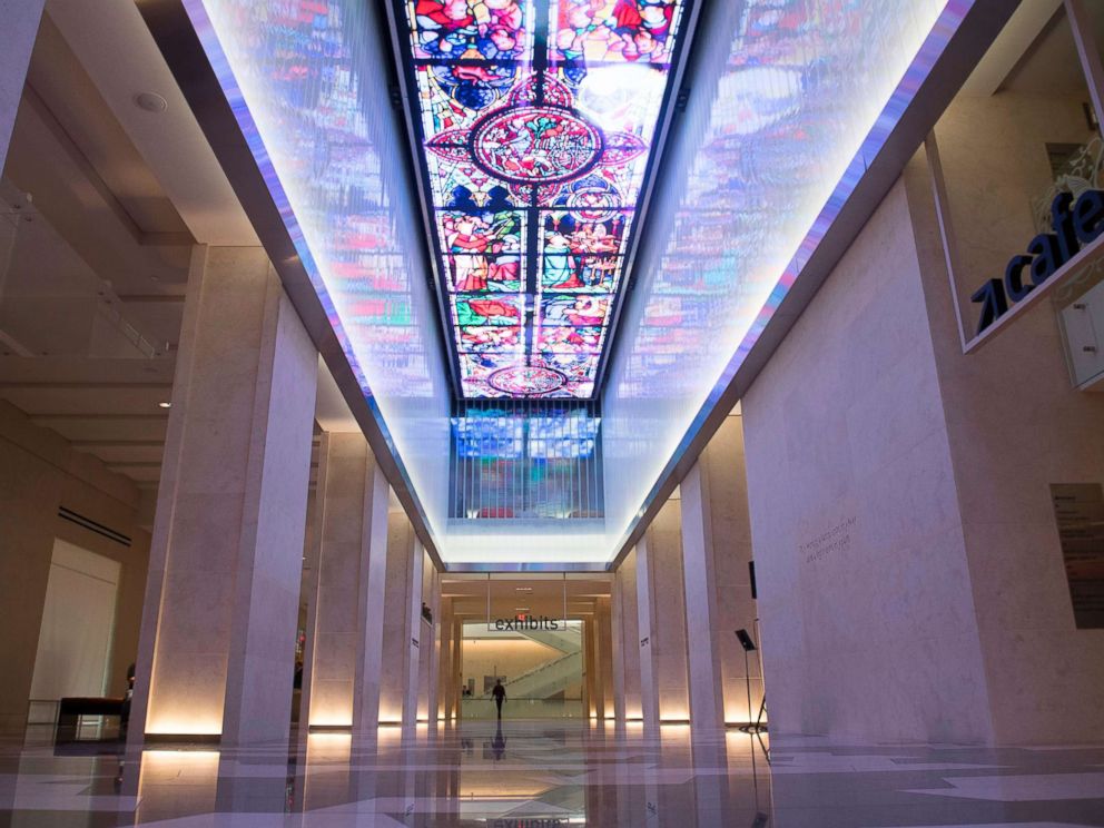 PHOTO: A digital screen is seen running the length of the museum lobbys ceiling during a media preview of the new Museum of the Bible, a museum dedicated to the history, narrative and impact of the Bible, in Washington, Nov. 14, 2017.