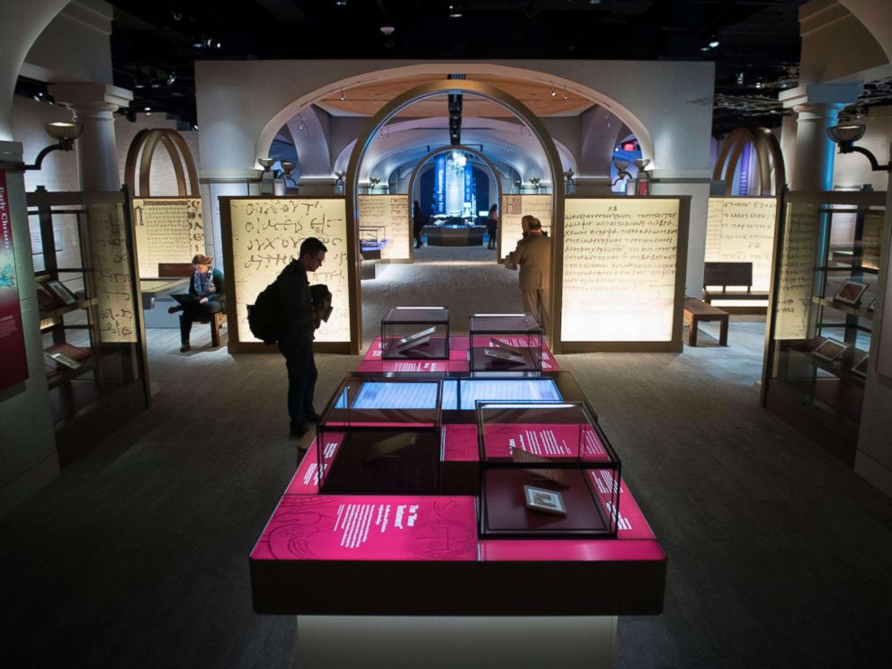 PHOTO: Visitors tour the History of the Bible exhibit during a media preview of the new Museum of the Bible, Nov. 14, 2017, in Washington.