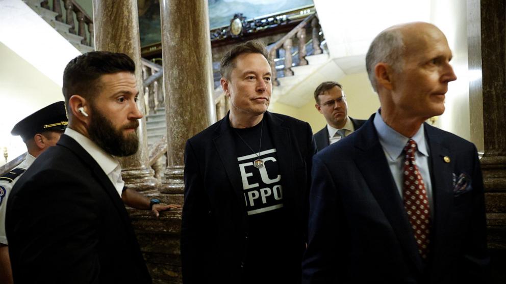 PHOTO: White House Senior Advisor to the President, Tesla and SpaceX CEO Elon Musk walks with Sen. Rick Scott as they arrive for a meeting with Senate Republican at the U.S. Capitol, on March 5, 2025, in Washington, D.C.