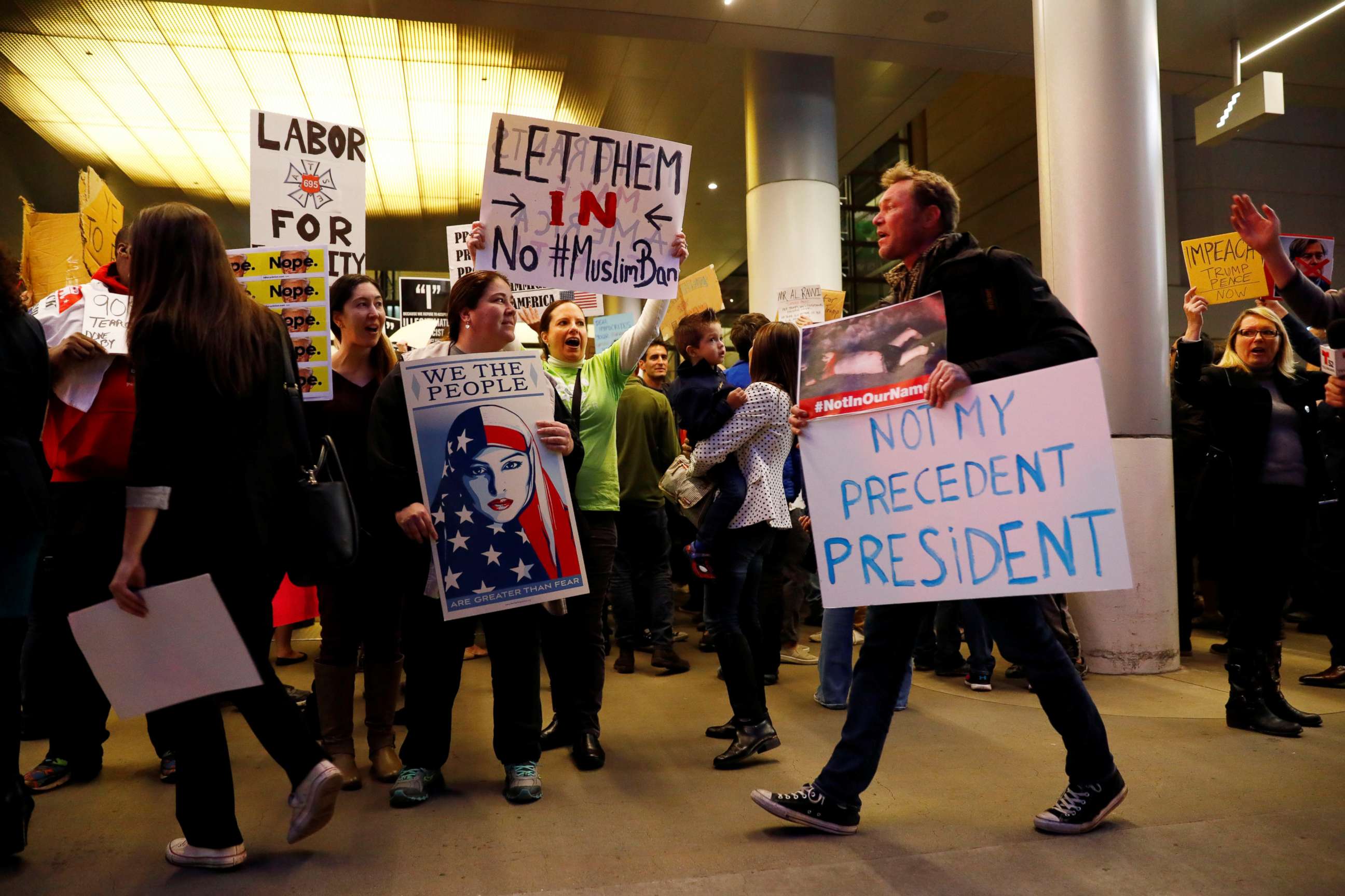 PHOTO: People protest Donald Trump's travel ban from Muslim majority countries at the International terminal at Los Angeles International Airport in Los Angeles, Jan. 28, 2017.