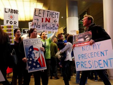 PHOTO: People protest Donald Trumps travel ban from Muslim majority countries at the International terminal at Los Angeles International Airport in Los Angeles, Jan. 28, 2017.
