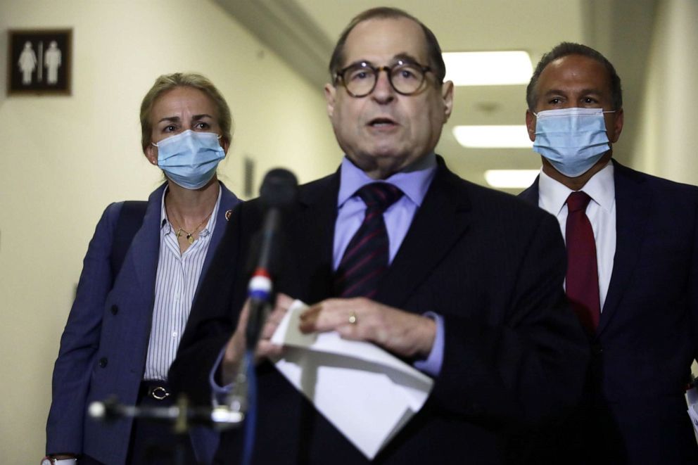 PHOTO: Rep. Jerry Nadler, D-N.Y., speaks to the media after a closed-door transcribed interview with Geoffrey Berman, the former U.S. Attorney for the Southern District of New York at Rayburn House Office Building on July 9, 2020, on Capitol Hill.