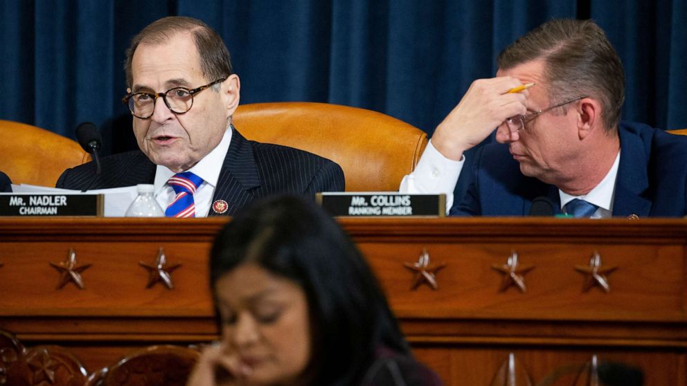 PHOTO: Rep. Doug Collins listens to Chairman of the US House Judiciary Committee Jerry Nadler deliver closing remarks at the conclusion of the House Judiciary Committee hearing on Capitol Hill in Washington, Dec. 4, 2019.
