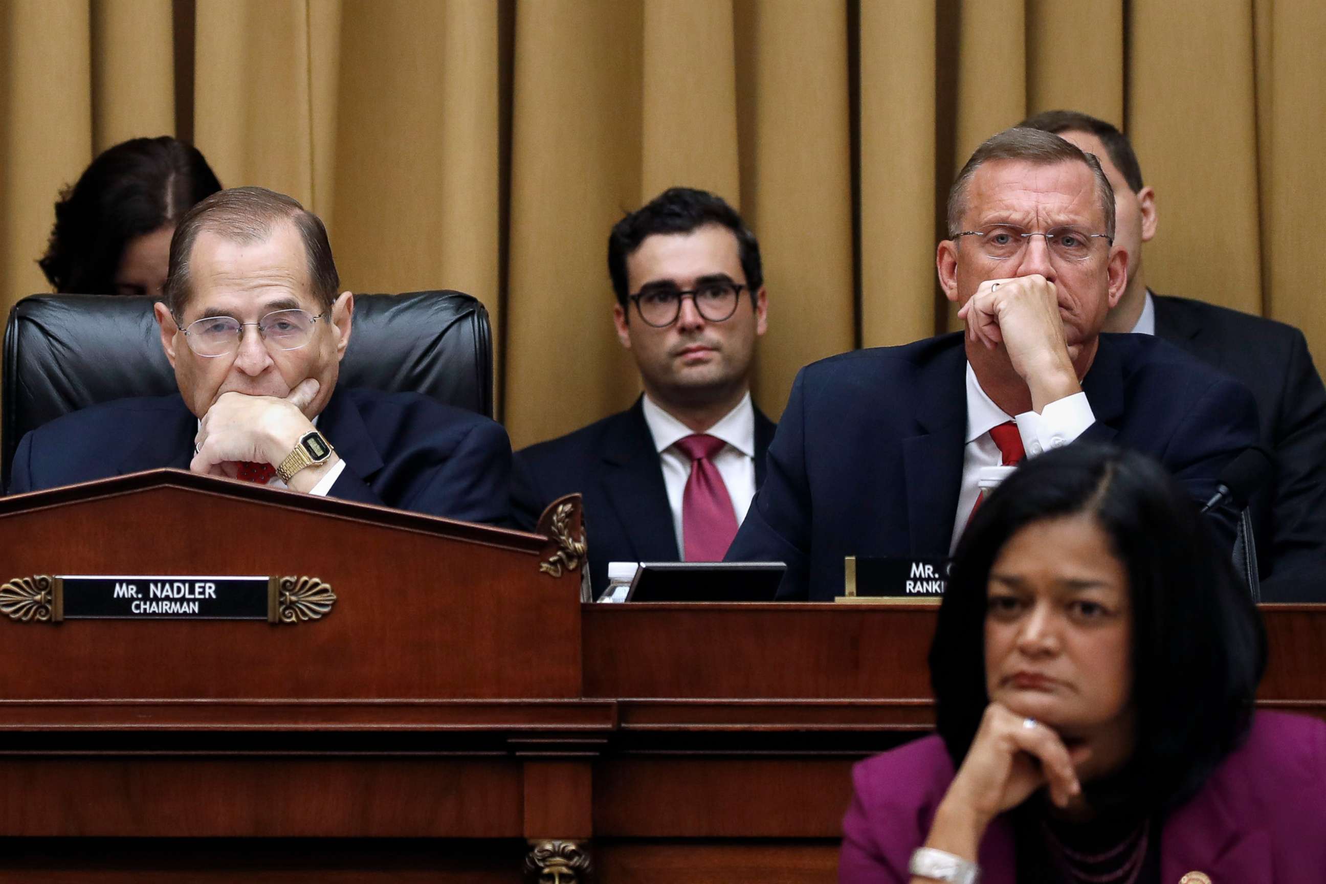 PHOTO: House Judiciary Committee Chairman Jerrold Nadler, left, Rep. Doug Collins, top right, and Rep. Pramila Jayapal, bottom right, listen as former special counsel Robert Mueller testifies, July 24, 2019, in Washington, D.C.