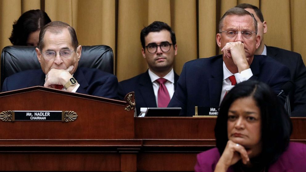 PHOTO: House Judiciary Committee Chairman Jerrold Nadler, left, Rep. Doug Collins, top right, and Rep. Pramila Jayapal, bottom right, listen as former special counsel Robert Mueller testifies, July 24, 2019, in Washington, D.C.