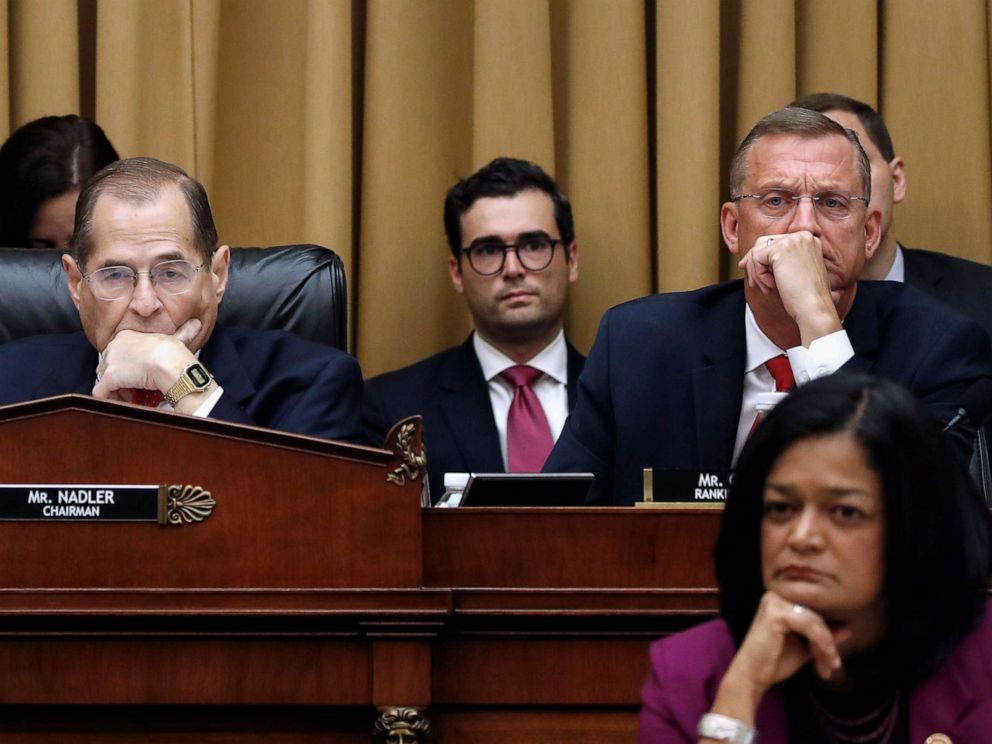 PHOTO: House Judiciary Committee Chairman Jerrold Nadler, left, Rep. Doug Collins, top right, and Rep. Pramila Jayapal, bottom right, listen as former special counsel Robert Mueller testifies, July 24, 2019, in Washington, D.C.