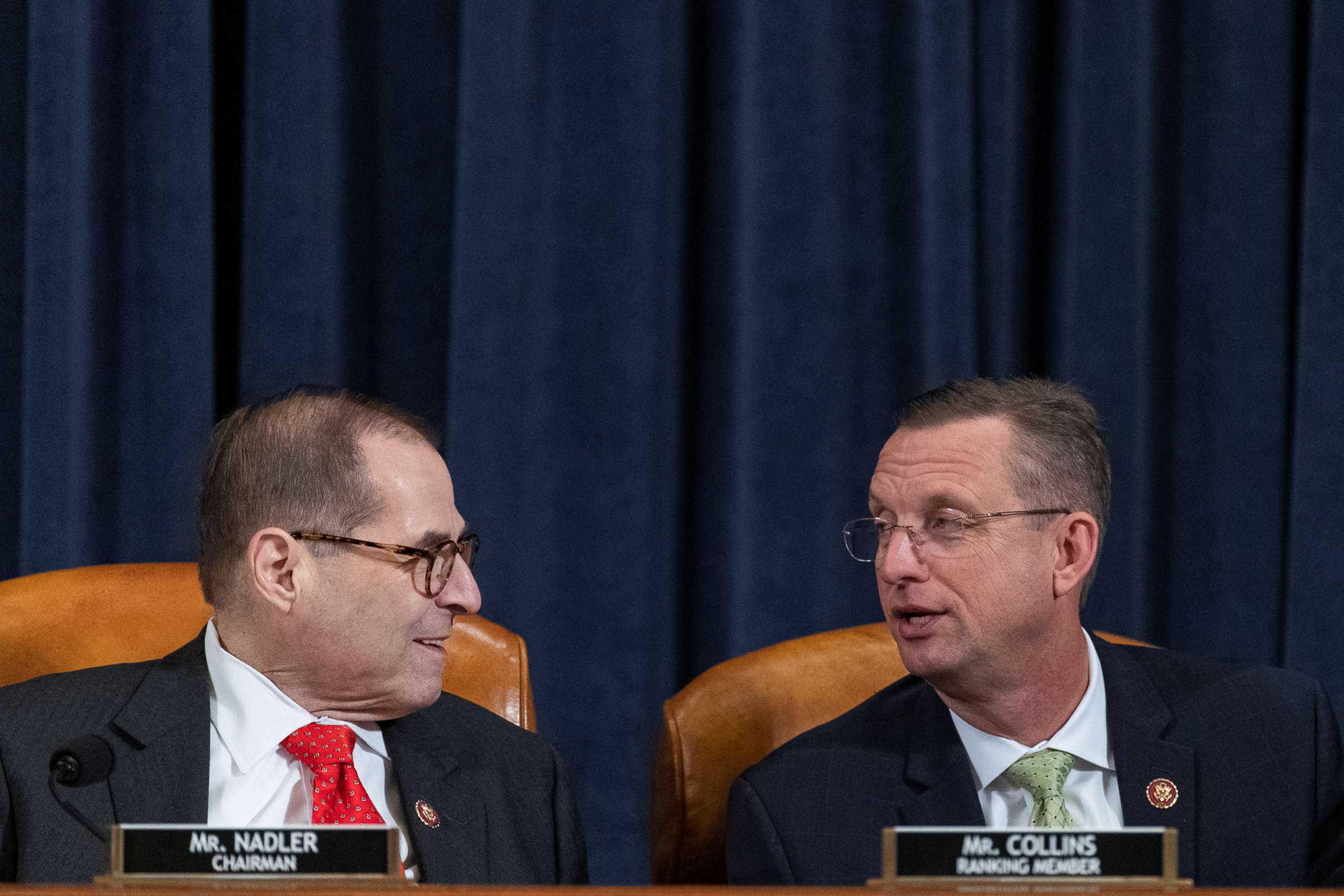 PHOTO: Rep. Jerry Nadler, D-N.Y., and chairman of the House Judiciary Committee, left, speaks with Rep. Doug Collins, R-Ga., and ranking member of the House Judiciary Committee, during a House Judiciary Committee hearing in Washington, Dec. 12, 2019.