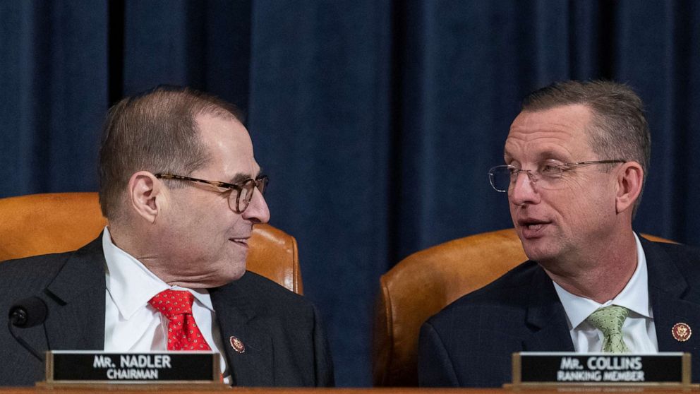 PHOTO: Rep. Jerry Nadler, D-N.Y., and chairman of the House Judiciary Committee, left, speaks with Rep. Doug Collins, R-Ga., and ranking member of the House Judiciary Committee, during a House Judiciary Committee hearing in Washington, Dec. 12, 2019.