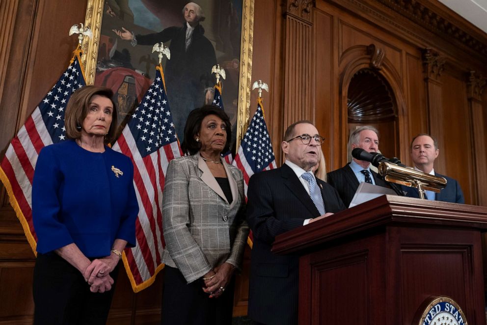 PHOTO: Speaker of the House Nancy Pelosi and House Intelligence Committee Chairman Adam Schiff, announce they are pushing ahead with two articles of impeachment against President Donald Trump at the Capitol in Washington, Dec. 10, 2019.