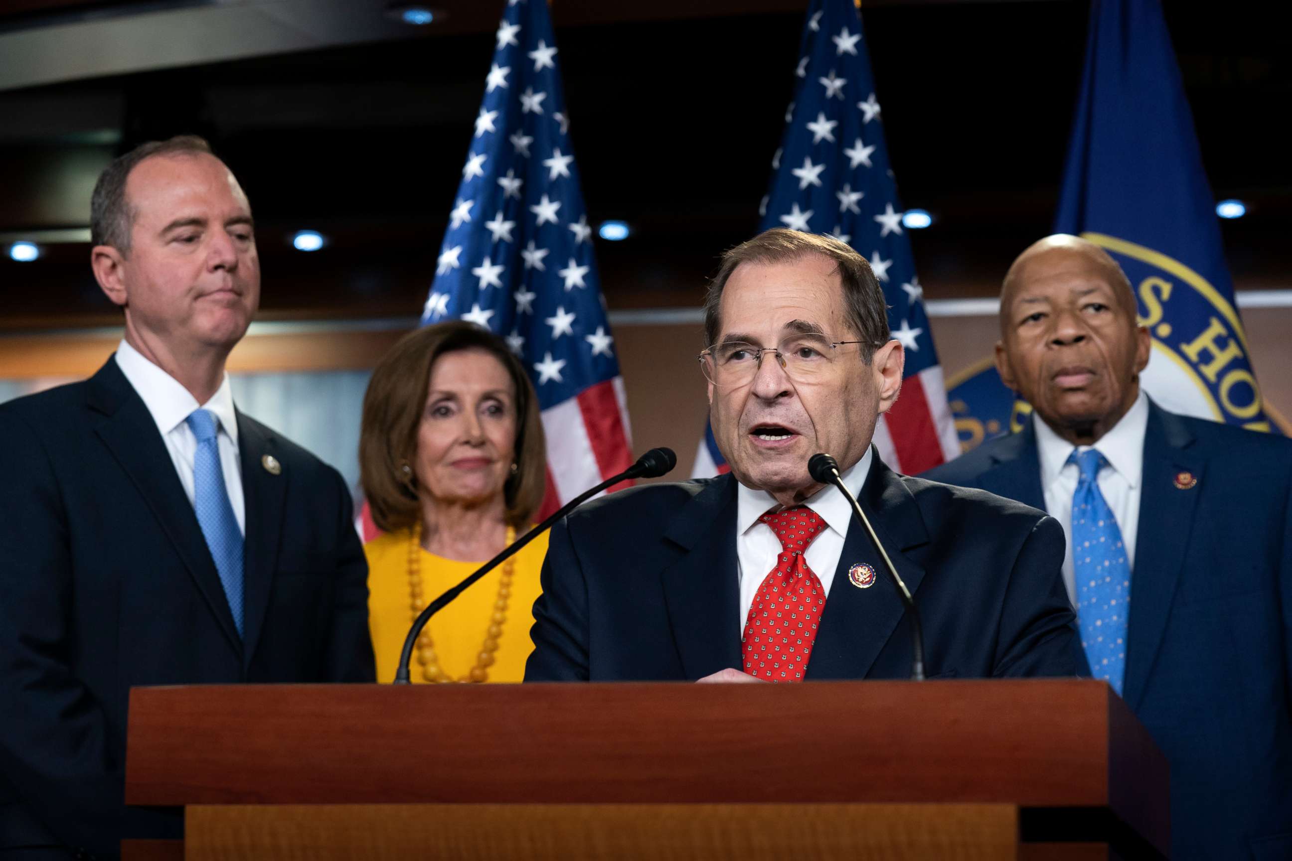 PHOTO: From left, Adam Schiff, Nancy Pelosi, Jerrold Nadler, and Elijah Cummings, hold a press conference in Washington, July 24, 2019.