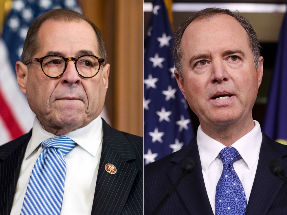 PHOTO: Jerrold Nadler arrives for the press conference to announce articles of impeachment against President Donald Trump. | Adam Schiff holds a news conference shortly after the release of the committee's Trump-Ukraine Impeachment Inquiry Report.