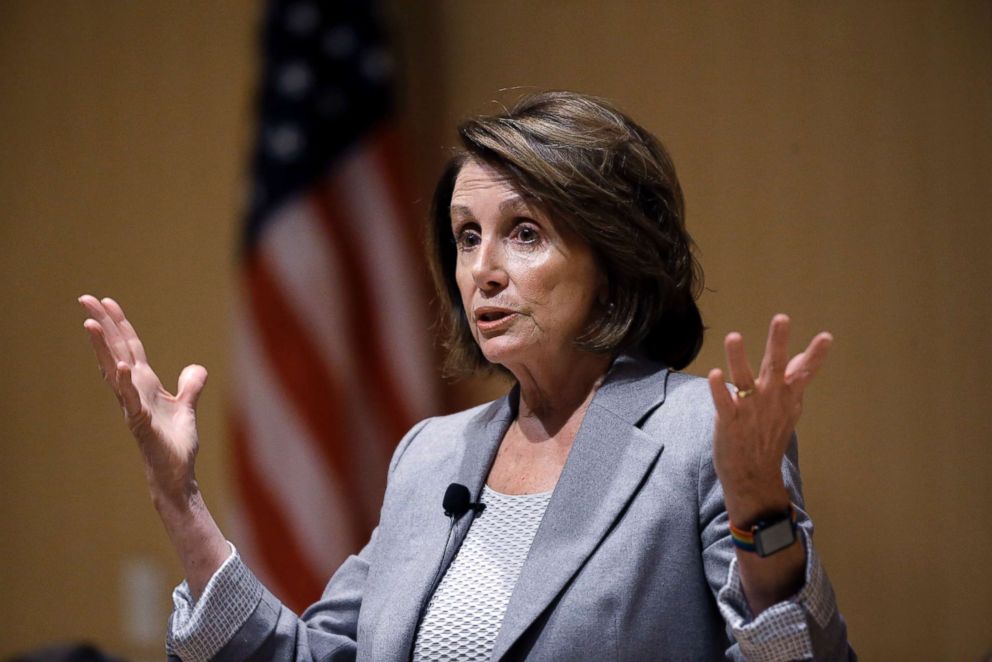 PHOTO: House Minority Leader Nancy Pelosi of Calif., speaks during a town hall-style meeting, Feb. 1, 2018, at the Cambridge Public Library, in Cambridge, Mass.