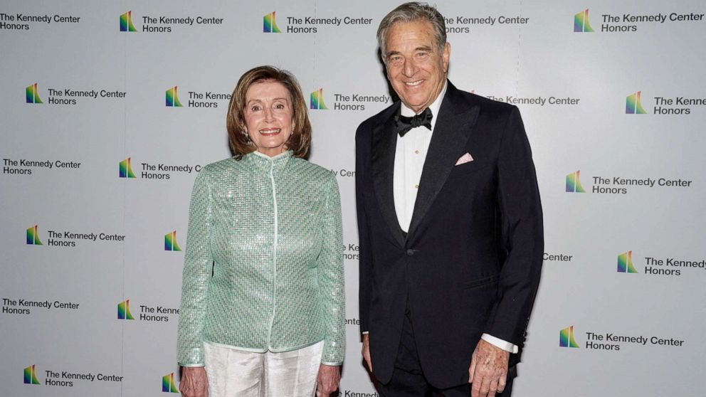PHOTO: House Speaker Nancy Pelosi, D-Calif., and her husband, Paul Pelosi, arrive at the 44th Annual Kennedy Center Honors for Artists Dinner at the Library of Congress in Washington, Dec. 4, 2021.