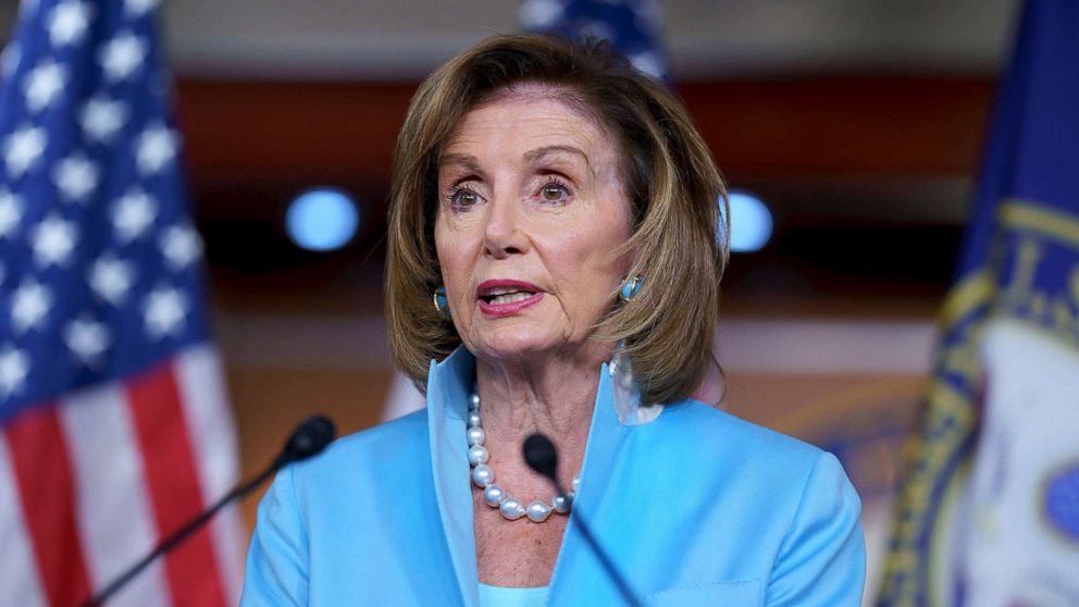 PHOTO: Speaker of the House Nancy Pelosi gives her weekly press briefing on Capitol Hill in Washington on Aug. 6, 2021.