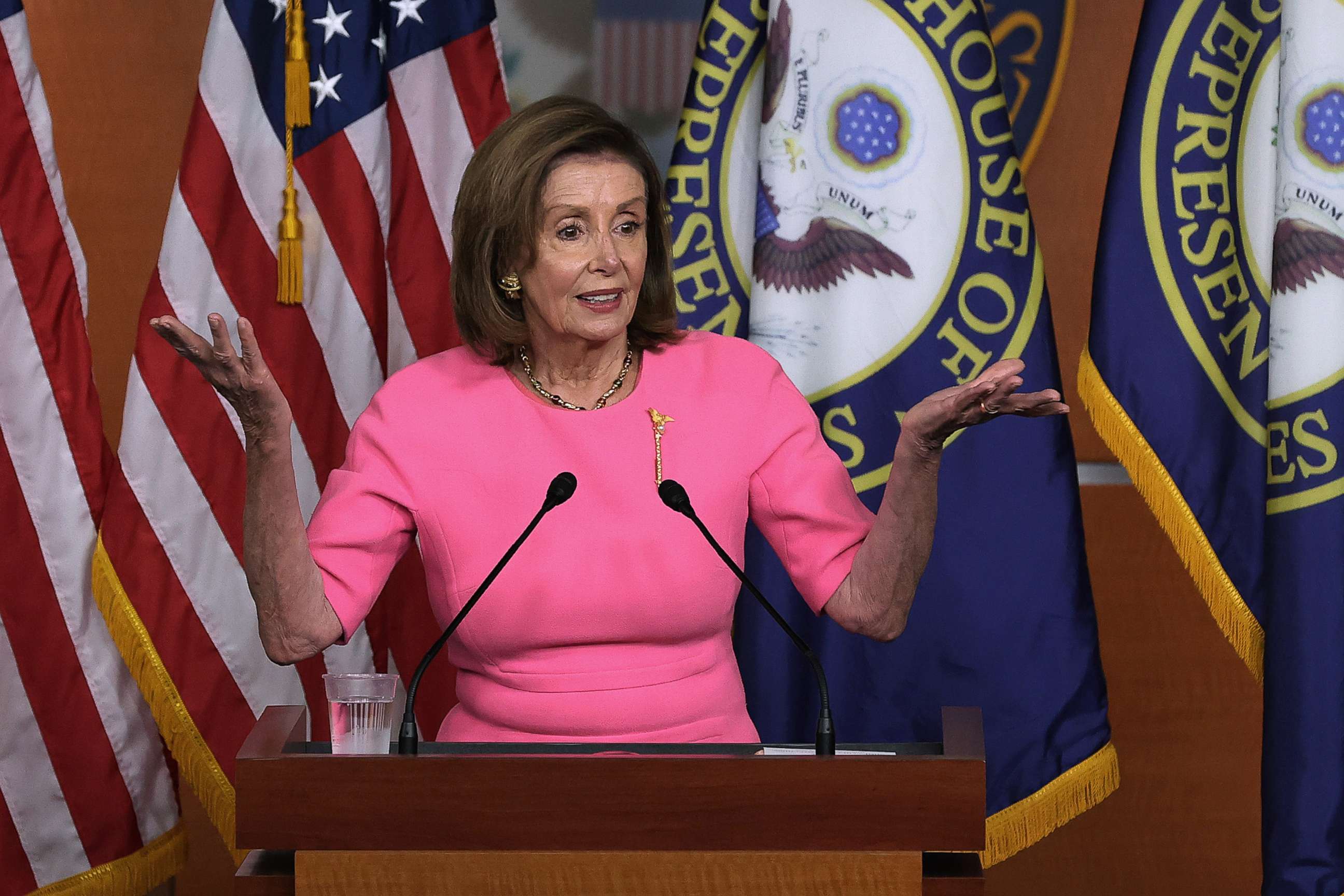 PHOTO: Speaker of the House Nancy Pelosi holds a news conference at the U.S. Capitol on Sept. 23, 2021 in Washington, D.C. Pelosi, Charles Schumer and other Democrats met with President Biden to hammer out a deal on infrastructure and budget legislation. 