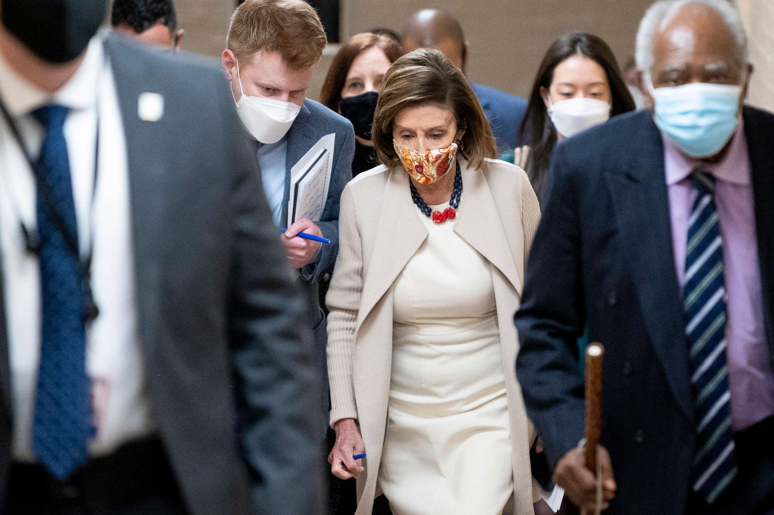 PHOTO: Speaker of the House Nancy Pelosi leaves the House Democrats caucus meeting in the basement of the Capitol as she walks to hold her weekly news conference on Nov. 4, 2021.