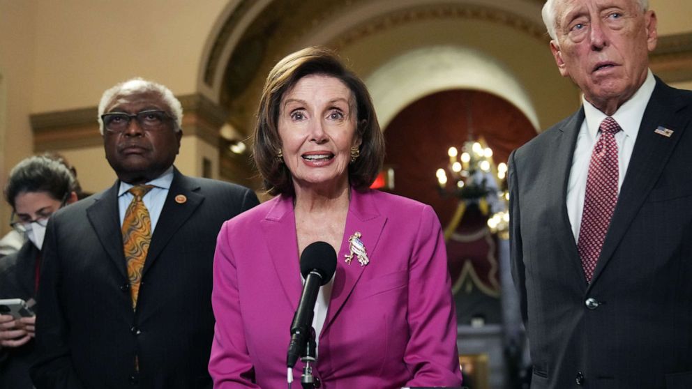 PHOTO: Speaker of the House Nancy Pelosi, House Majority Leader Steny Hoyer, and House Majority Whip Jim Clyburn conduct a news conference in the U.S. Capitol on Friday, Nov. 5, 2021.