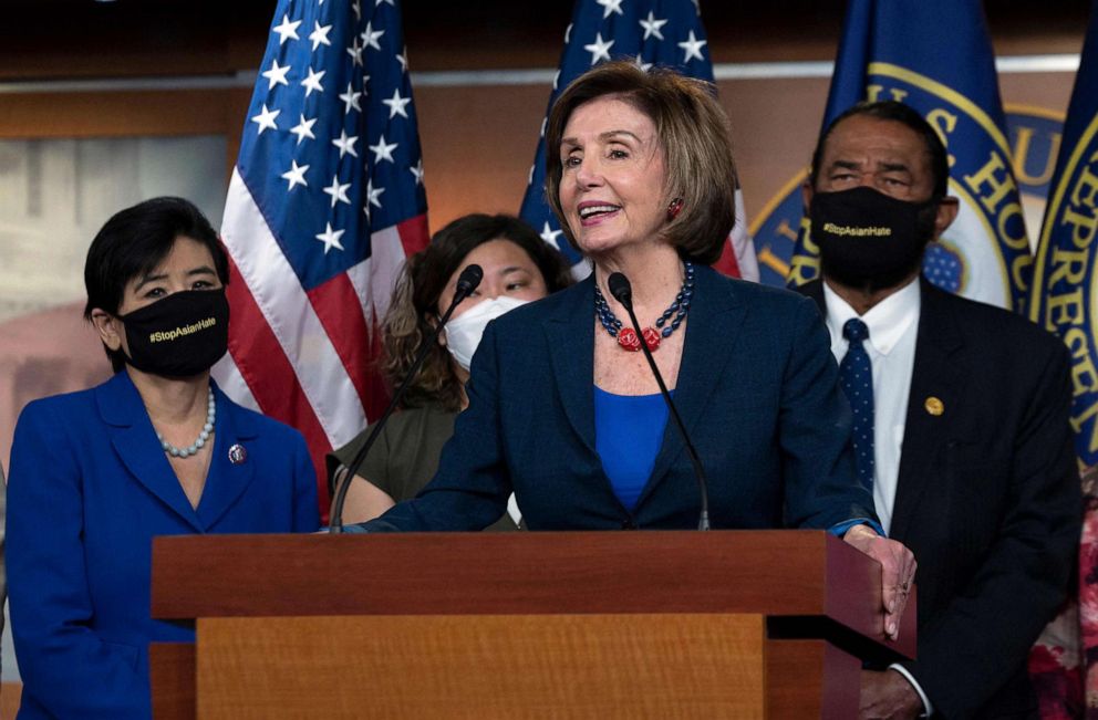 PHOTO: Speaker of the House Nancy Pelosi speaks during a new conference with House Democrats and the Congressional Asian Pacific American Caucus on the "Covid-19 Hate Crimes Act" on Capitol Hill in Washington, DC, May 18, 2021.