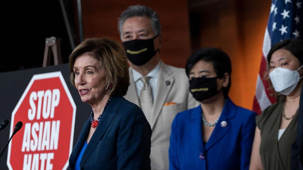 PHOTO: Speaker of the House Nancy Pelosi speaks during a new conference with House Democrats and the Congressional Asian Pacific American Caucus on the "Covid-19 Hate Crimes Act" on Capitol Hill in Washington, DC, May 18, 2021.