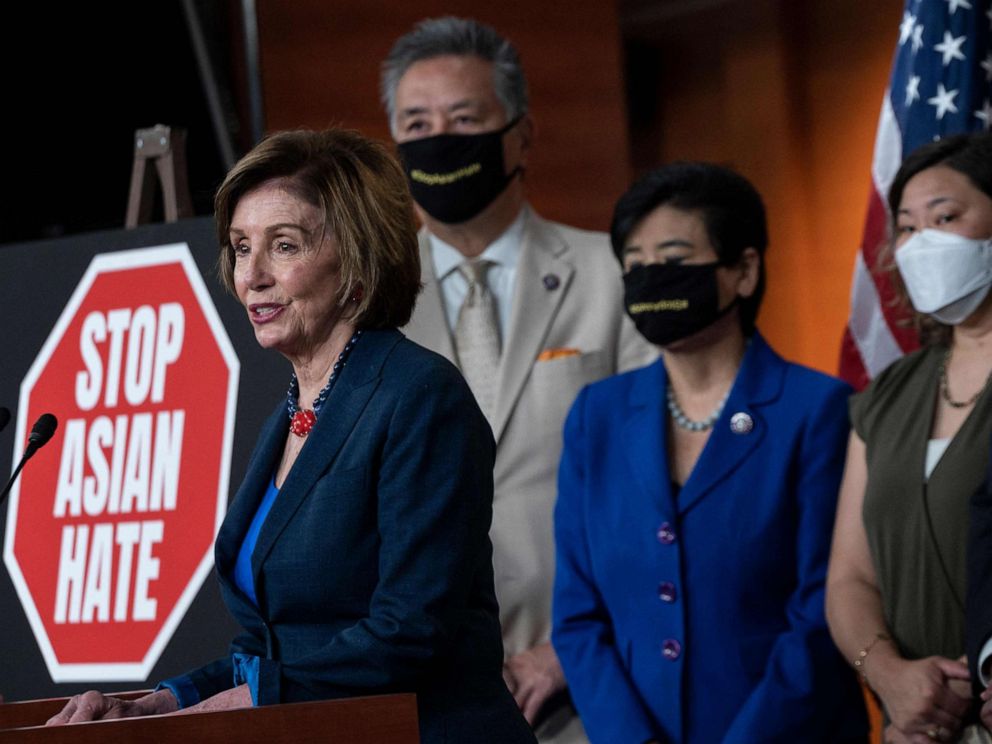 PHOTO: Speaker of the House Nancy Pelosi speaks during a new conference with House Democrats and the Congressional Asian Pacific American Caucus on the "Covid-19 Hate Crimes Act" on Capitol Hill in Washington, DC, May 18, 2021.