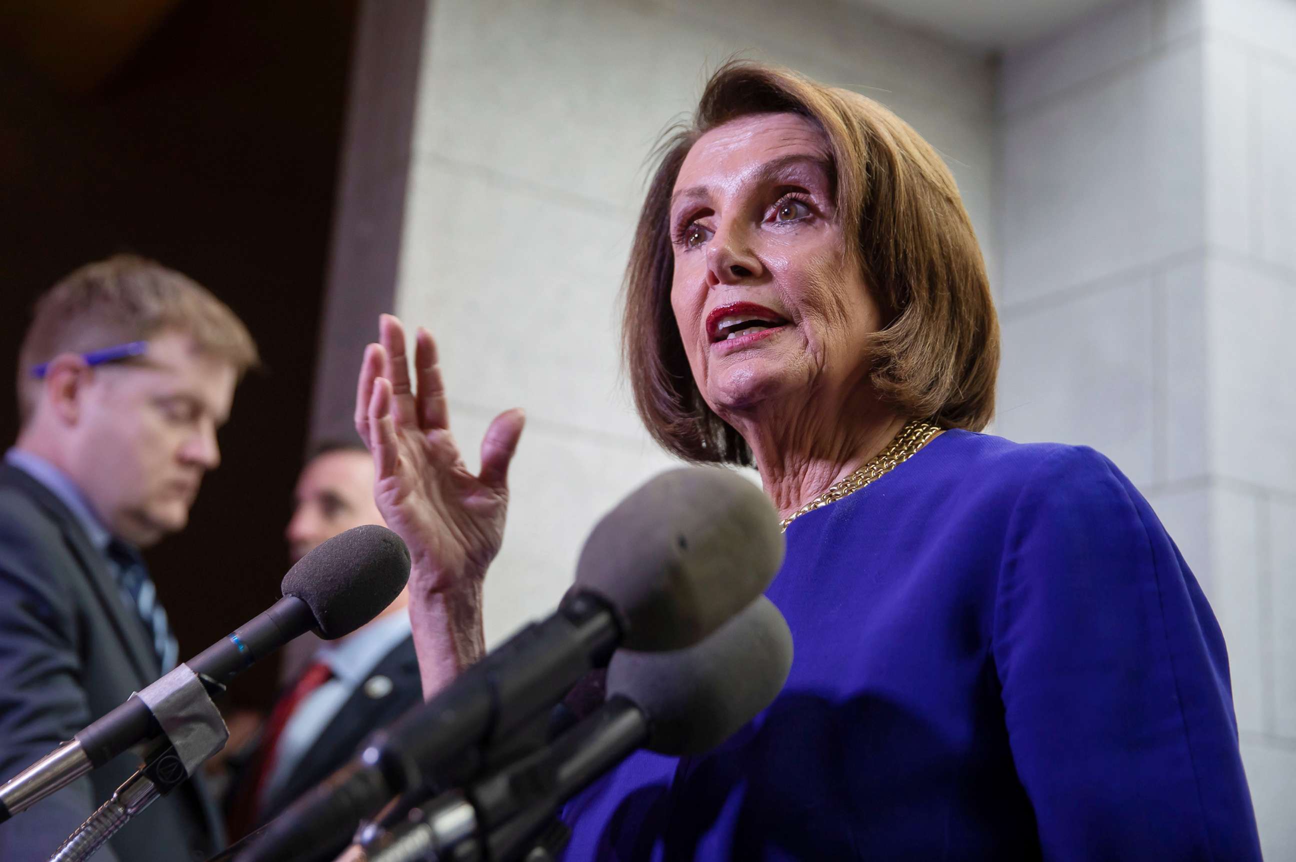 PHOTO: Speaker of the House Nancy Pelosi briefly speaks to the news media after leaving a House Democratic Caucus meeting at the Capitol in Washington, May 22, 2019.