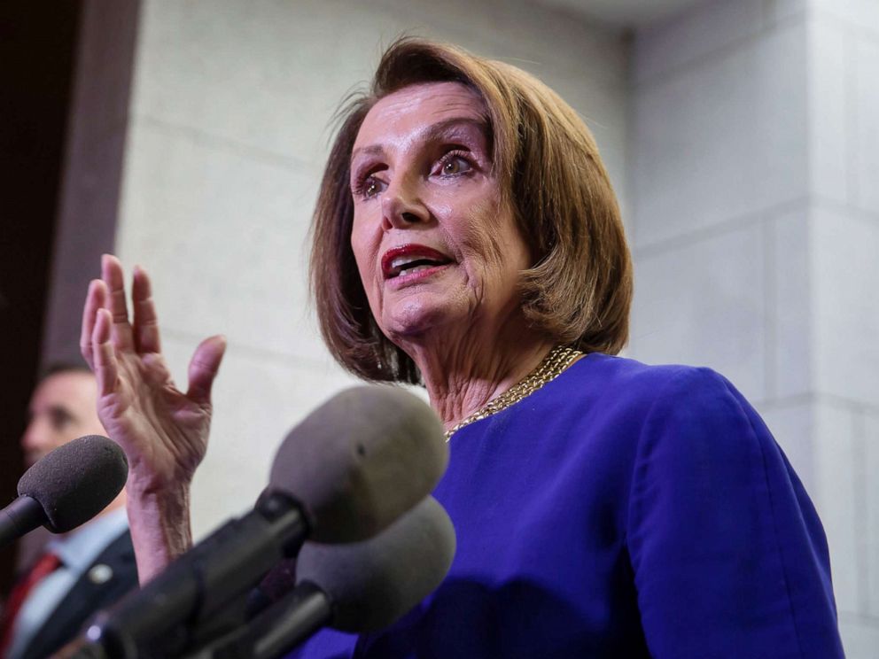 PHOTO: Speaker of the House Nancy Pelosi briefly speaks to the news media after leaving a House Democratic Caucus meeting at the Capitol in Washington, May 22, 2019.