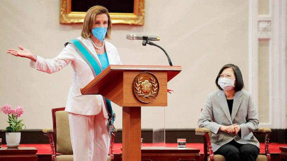 PHOTO: U.S. House Speaker Nancy Pelosi speaks during a meeting with Taiwanese President President Tsai Ing-wen, after receiving the Order of Propitious Clouds with Special Grand Cordon, Taiwan’s highest civilian honour, in Taipei, Taiwan, Aug. 3, 2022.
