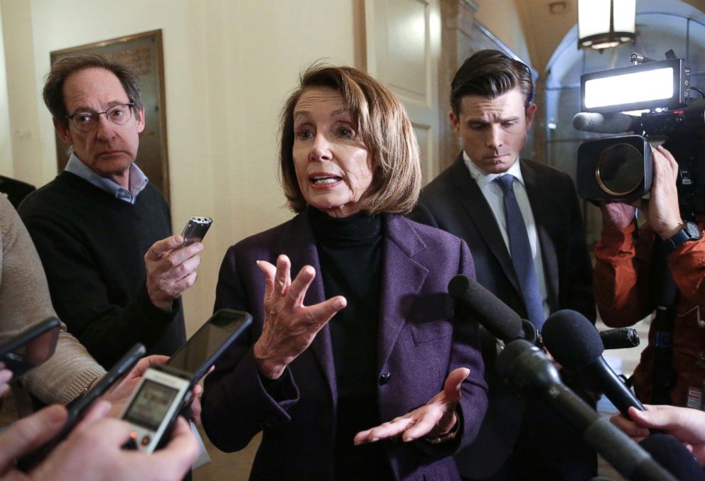 PHOTO: Speaker of the House Nancy Pelosi takes questions from reporters, Jan. 18, 2019, on Capitol Hill in Washington.