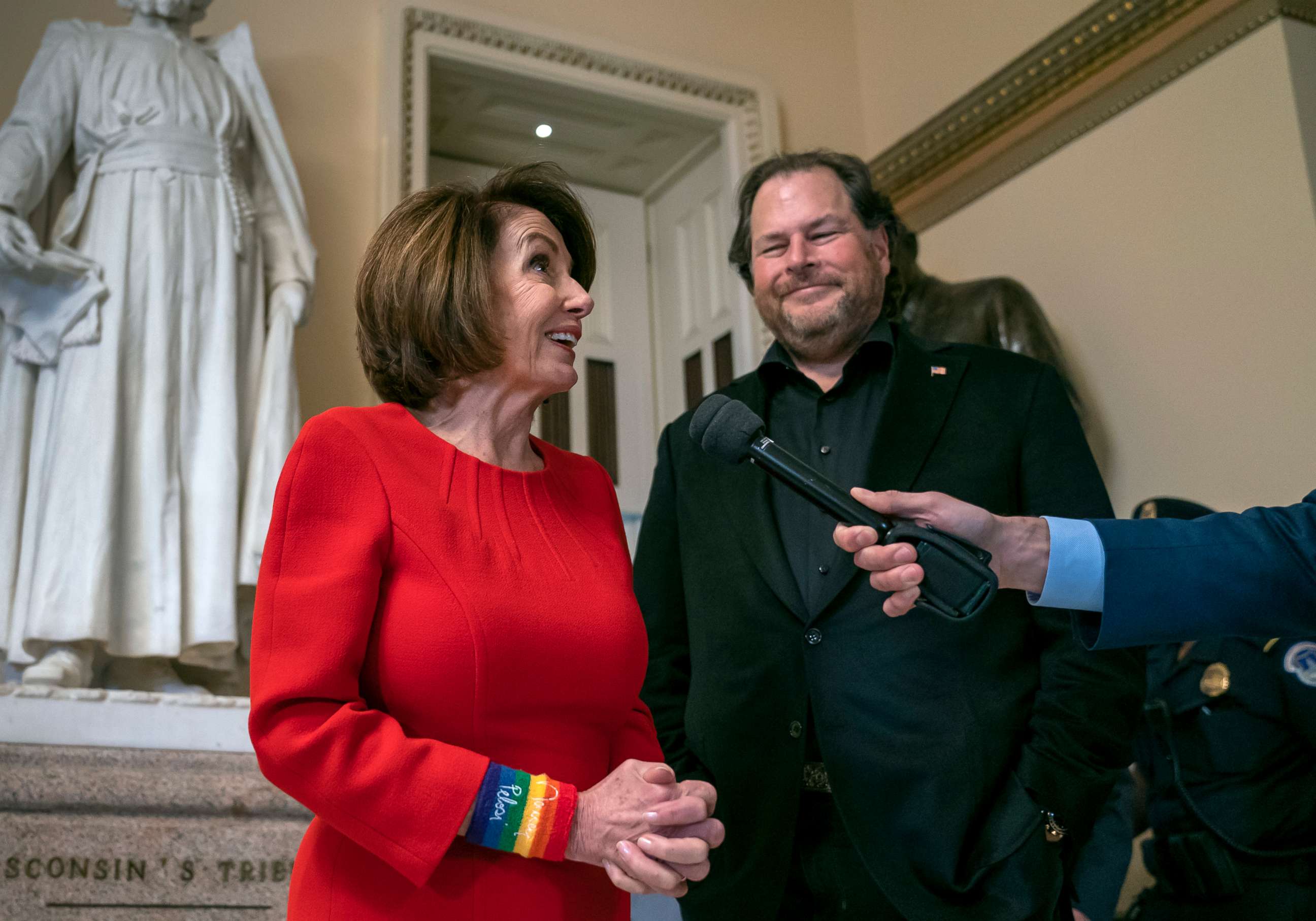 PHOTO: Speaker of the House Nancy Pelosi, joined by internet entrepreneur Marc Benioff, right, arrives for the vote on The Equality Act of 2019 at the Capitol in Washington, May 17, 2019.