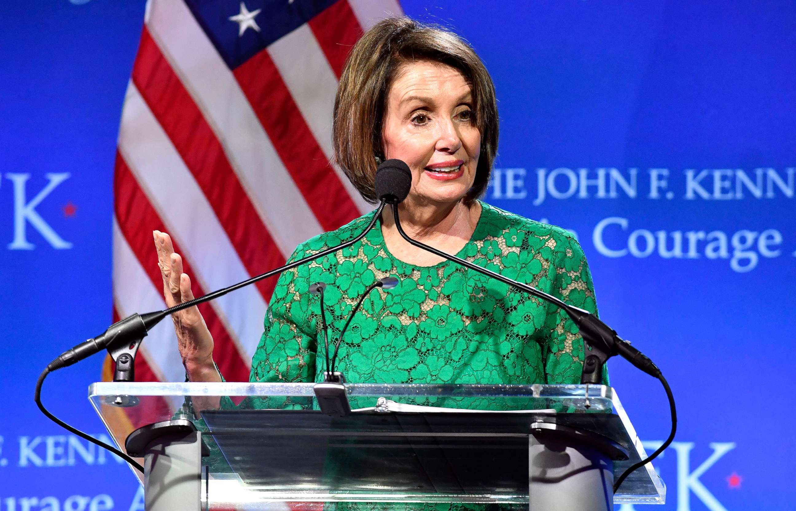 PHOTO: Speaker of the House Nancy Pelosi speaks after she received the 2019 John F. Kennedy Profile in Courage Award, May 19, 2019, at the John F. Kennedy Presidential Library and Museum in Boston.