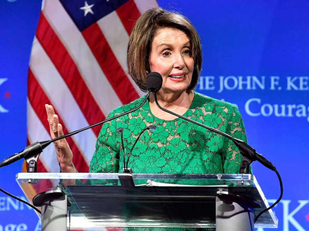PHOTO: Speaker of the House Nancy Pelosi speaks after she received the 2019 John F. Kennedy Profile in Courage Award, May 19, 2019, at the John F. Kennedy Presidential Library and Museum in Boston.