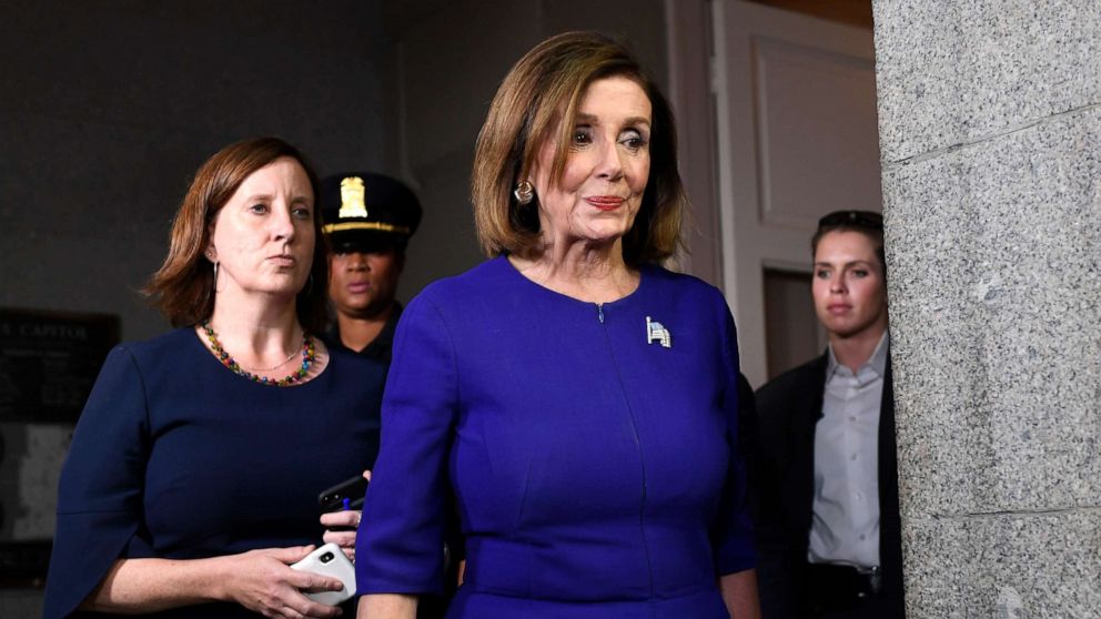 PHOTO: House Speaker Nancy Pelosi of Calif., heads to a meeting with her caucus on Capitol Hill in Washington, Sept. 24, 2019
