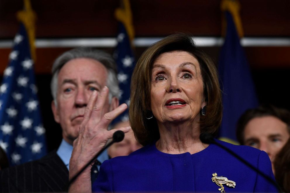 PHOTO: House Speaker Nancy Pelosi of Calif., accompanied by House Ways and Means Committee Chairman Richard Neal speaks at a news conference on Capitol Hill in Washington, Dec. 10, 2019, on Capitol Hill in Washington.