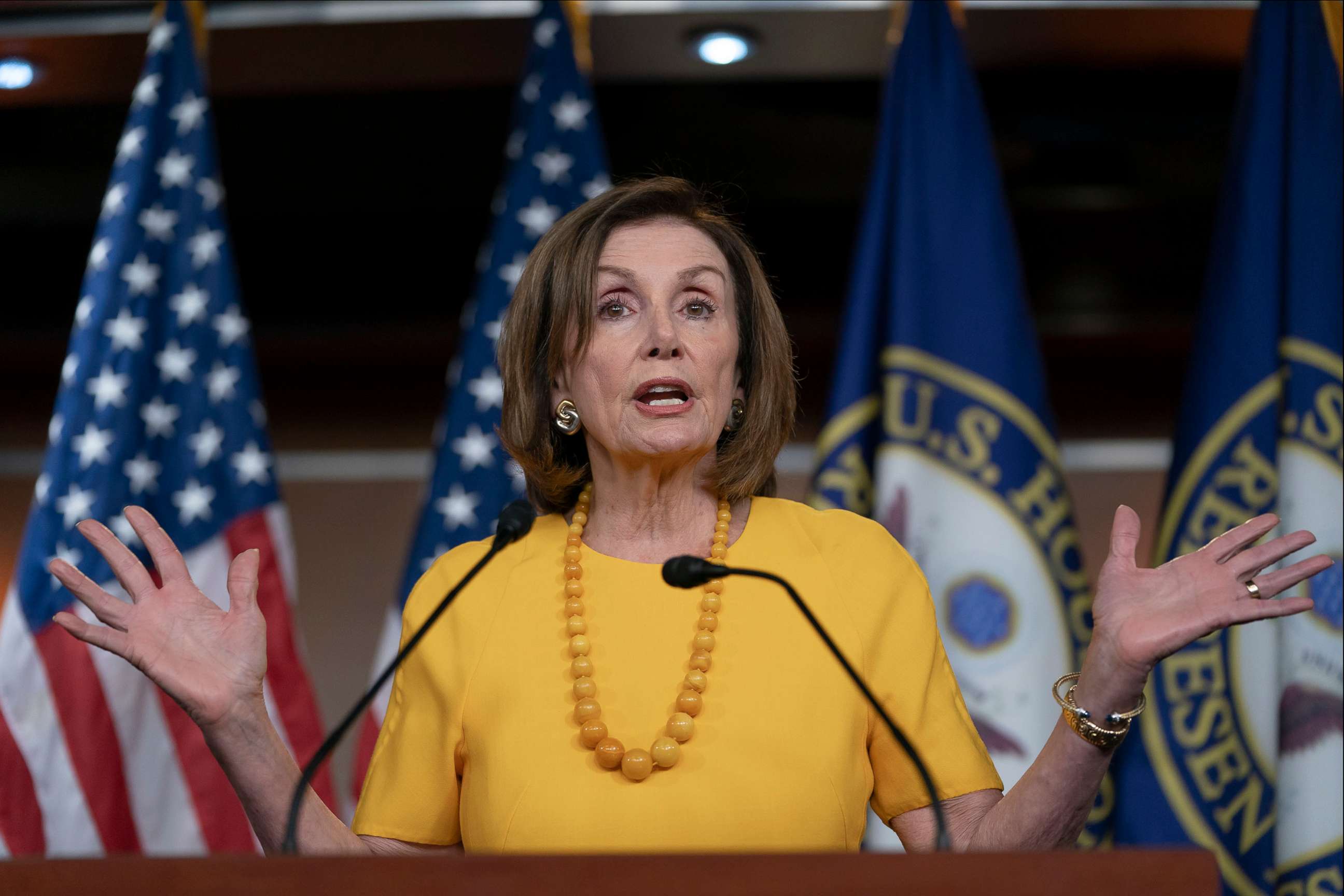 PHOTO: Speaker of the House Nancy Pelosi meets with reporters before joining congressional leaders at a closed-door security briefing on the rising tensions with Iran, at the Capitol in Washington on June 20, 2019.