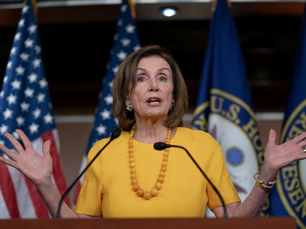 PHOTO: Speaker of the House Nancy Pelosi meets with reporters before joining congressional leaders at a closed-door security briefing on the rising tensions with Iran, at the Capitol in Washington on June 20, 2019.